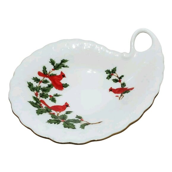 Lefton Cardinal Candy Dish Birds Holly Christmas Holiday Trinket Bone China 1988 - Picture 2 of 14